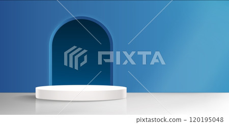 Product podium in studio with arch in blue wall. Product podium in studio with arch in blue wall. 120195048