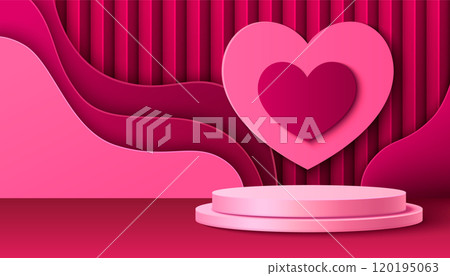 Pink podium with wave layers and heart shape 120195063