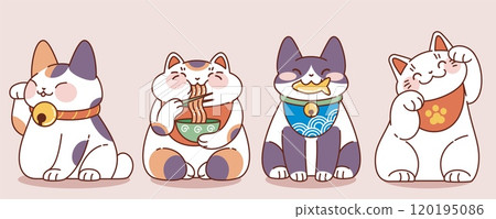 Japanese lucky cat in different poses 120195086