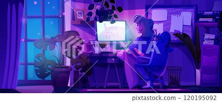Woman working home late at night Woman working home late at night 120195092