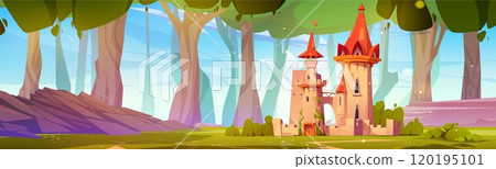 Fairytale castle in forest with giant trees Fairytale castle in forest with giant trees 120195101