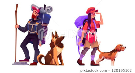 Man and woman with dog - hiker tourist 120195102