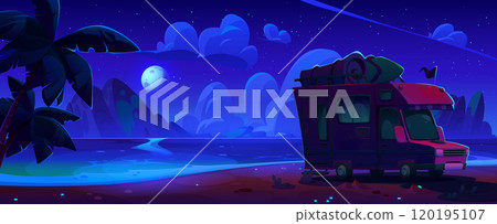 Camper van standing on sea beach at night Camper van standing on sea beach at night 120195107