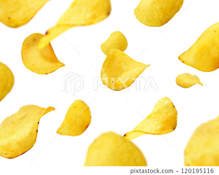 Crunchy salty fried or baked potato chip flying 120195116