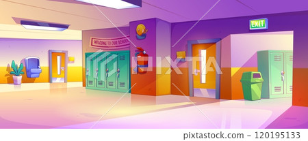 School corridor with lockers and classroom doors 120195133
