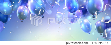 Blue birthday banner with balloons and confetti 120195164