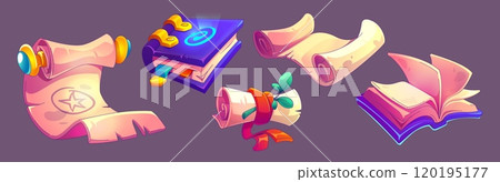 Magic book, old scroll and medieval parchment 120195177