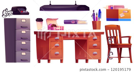 Detective office furniture set on white background 120195179