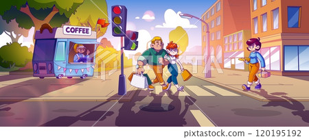 People on pedestrian crosswalk on city street. 120195192