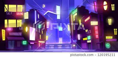 Downtown street with neon glowing signs at night. 120195211