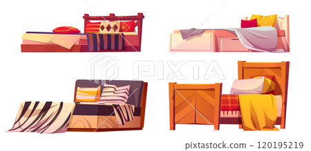 Wooden beds set isolated on white background 120195219