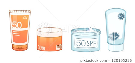 Sunscreen cream in plastic tube and jar. 120195236