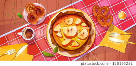 Apple pie on kitchen table top view cartoon vector 120195281