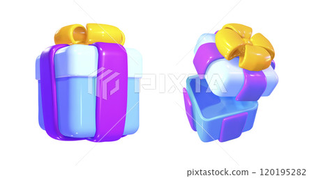 3d blue open gift box icon. Birthday ribbon prize 120195282