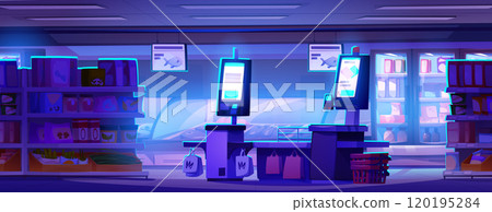 Supermarket with self checkout kiosk service 120195284