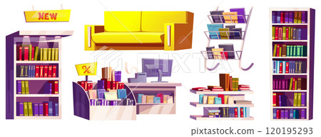 Bookstore furniture set isolated on white 120195293