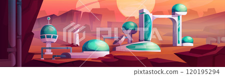 Outer space red alien planet with station Outer space red alien planet with station 120195294