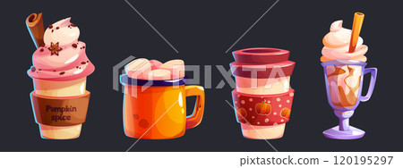 Spice hot drinks in glass and mug for cozy autumn 120195297