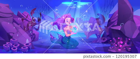 Mermaid sitting on sea bottom 120195307