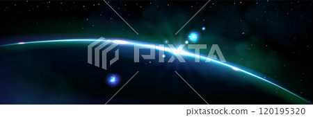 Planet horizon blue glow with rays and sparkle. 120195320