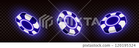 Flying casino chips with blue neon light glow 120195324