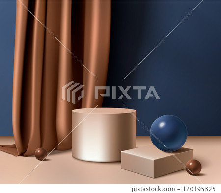 3D cylinder podium on silk cloth background 120195325