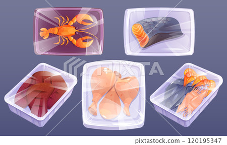 Frozen seafood and meat in plastic package 120195347