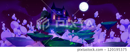 Fairy castle on flying islands in sky at night 120195375