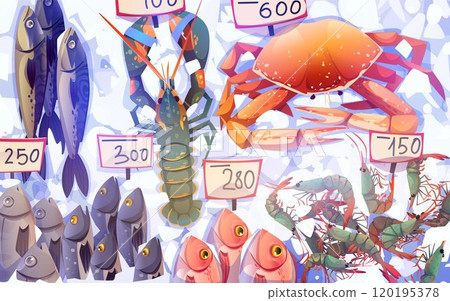 Fresh raw seafood on ice with price tags. Fresh raw seafood on ice with price tags. 120195378