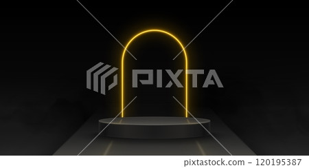 Cylinder product podium with neon yellow arch 120195387