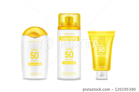 Sunscreen cream bottle and tube with yellow cap. Sunscreen cream bottle and tube with yellow cap. 120195390
