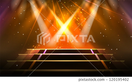 Gold light show stage. Abstract spotlight podium 120195402
