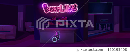 Empty closed bowling club interior at night. Empty closed bowling club interior at night. 120195408