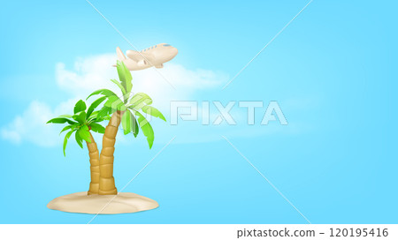 Palm trees on sand island and flying airplane 120195416