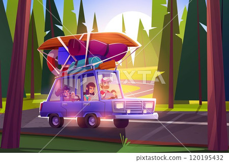 Family on summer car trip in forest on vacation 120195432