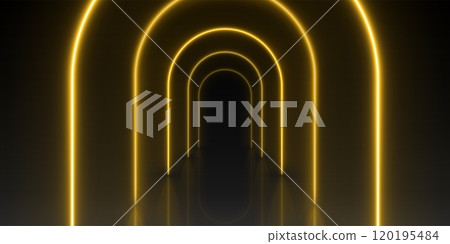 Black stage or corridor with neon yellow arch. 120195484
