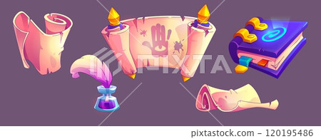 Parchment scrolls and ancient spell book set 120195486