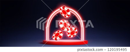 Cylinder product podium with red neon casino chips 120195495