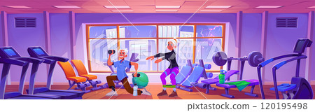 Senior people go in for sport in gym. 120195498