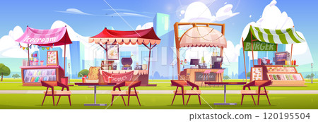 City public park with fast food and drink stalls 120195504