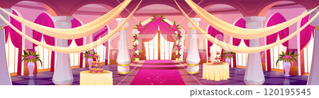 Wedding setup in pink medieval castle ballroom. 120195545