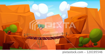Wooden bridge on mountain cliff edges over chasm 120195546