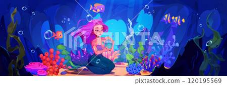 Cute fairy mermaid sit on sea or ocean bottom 120195569