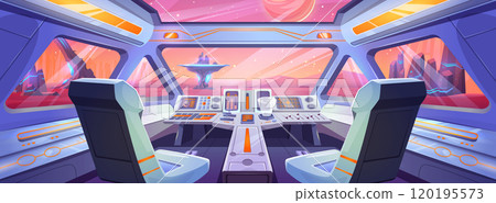 View on alien planet from spaceship cockpit 120195573