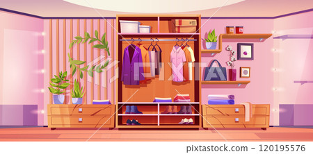 Closet room interior with organized male clothes 120195576