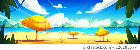 Tropical lagoon beach with straw umbrella Tropical lagoon beach with straw umbrella 120195577