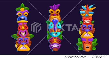 Exotic tiki masks set isolated on black Exotic tiki masks set isolated on black 120195590
