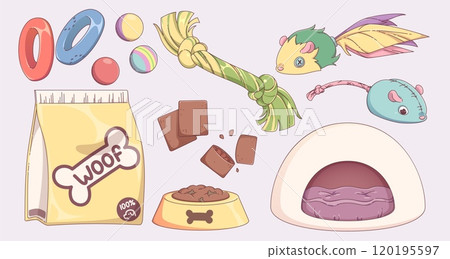 Collection of pet store goods for domestic animals. Collection of pet store goods for domestic animals. 120195597