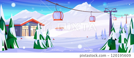 Winter mountain resort with cable cars 120195609