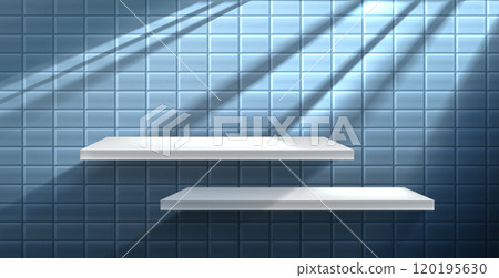White shelf on blue tile wall with shadow. 120195630